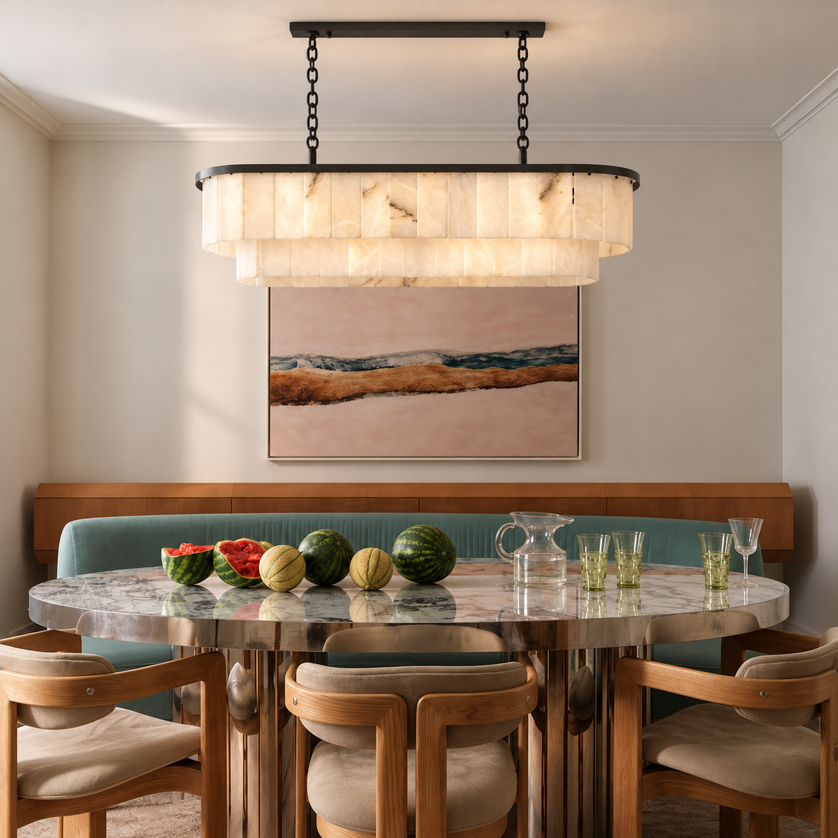 Black linear alabaster chandelier above an oval dining table.