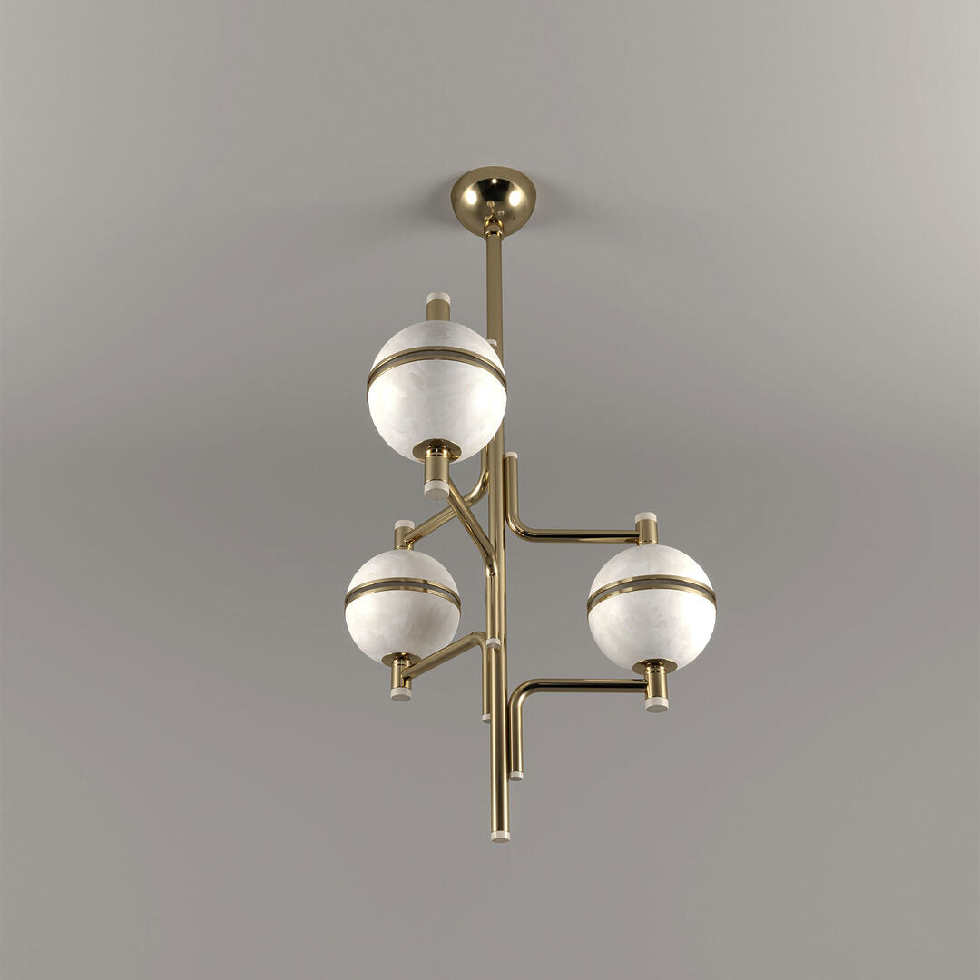 Alabaster Orbital Chandelier | Three-orb Brass Suspension 138cm Mid-century Stairwell & Entry Casalolalights Luxury