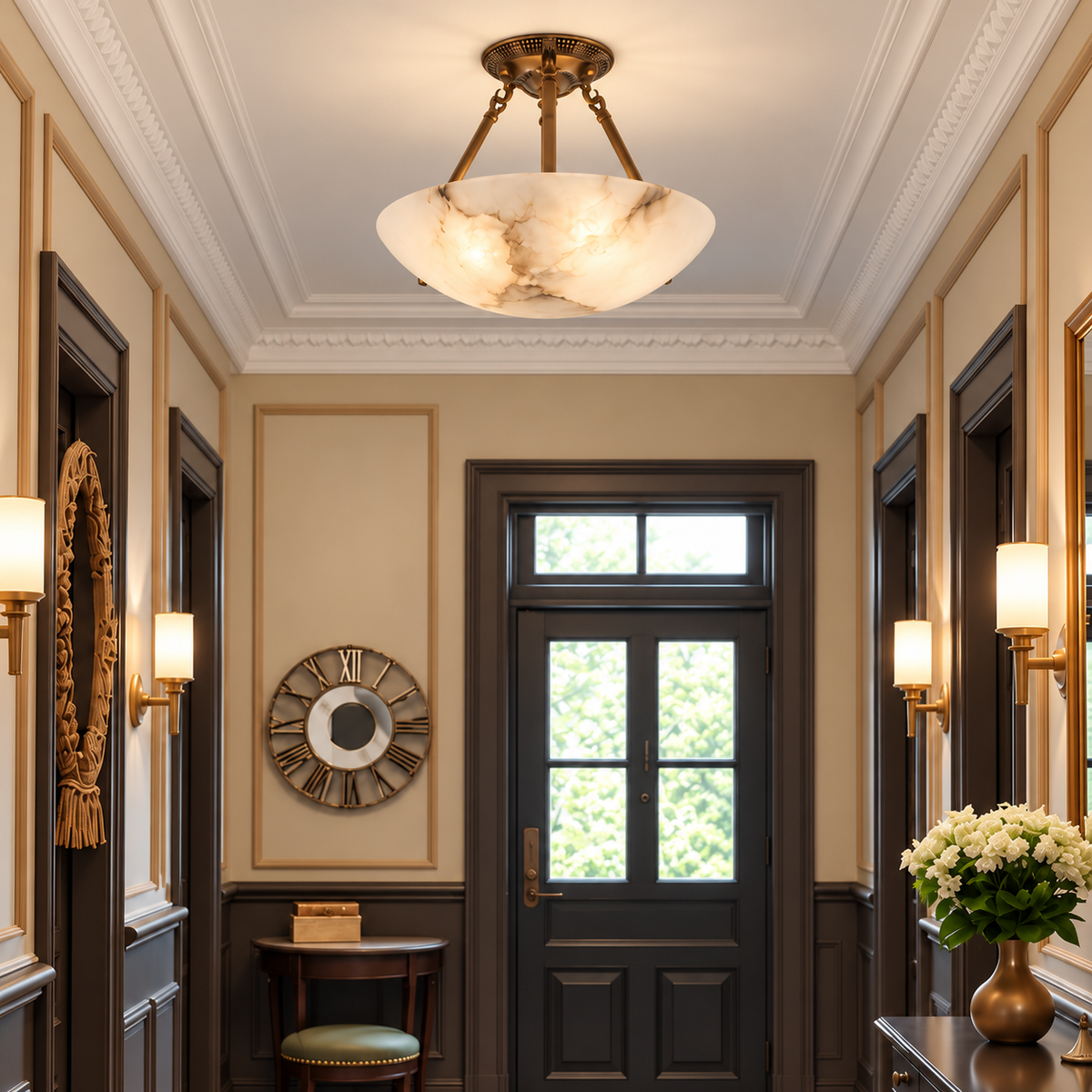Patterned Rose alabaster ceiling light installed in a panelled entryway.