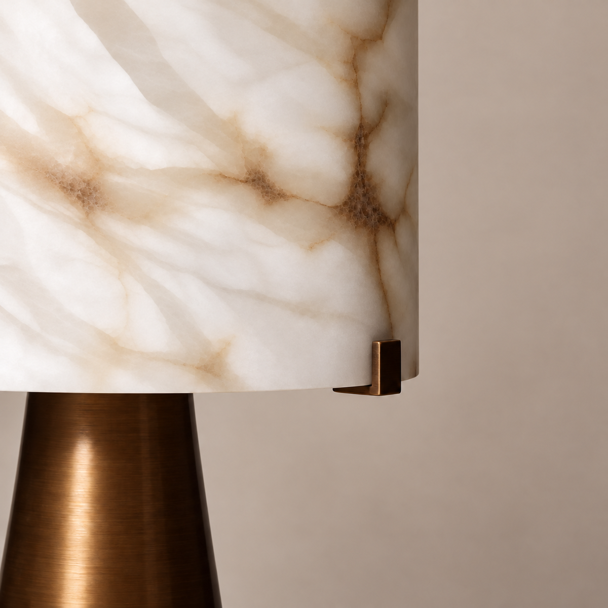 Detail of the alabaster shade and bronze support clip.