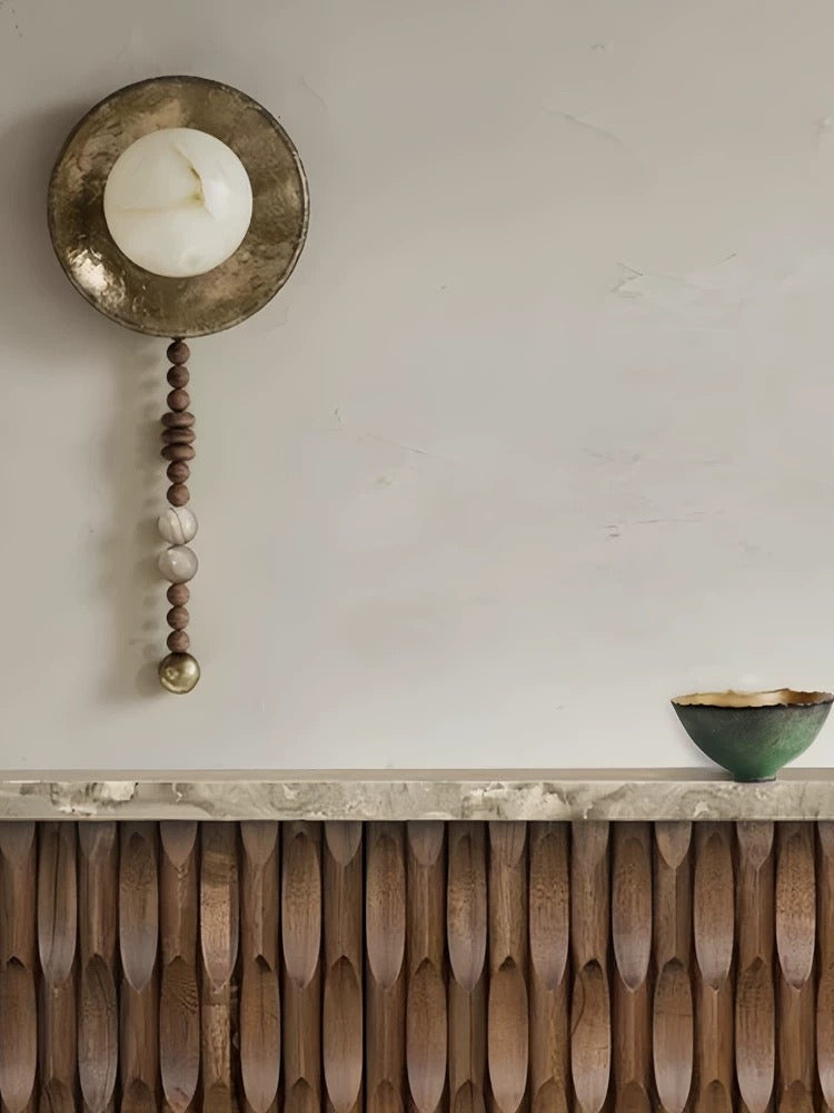 Alabaster and Wood Beaded Wall Sconce – Casalola Round Iron Backplate Light for Bedroom & Hallway