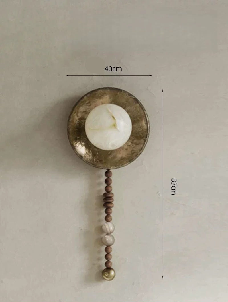 Alabaster and Wood Beaded Wall Sconce – Casalola Round Iron Backplate Light for Bedroom & Hallway