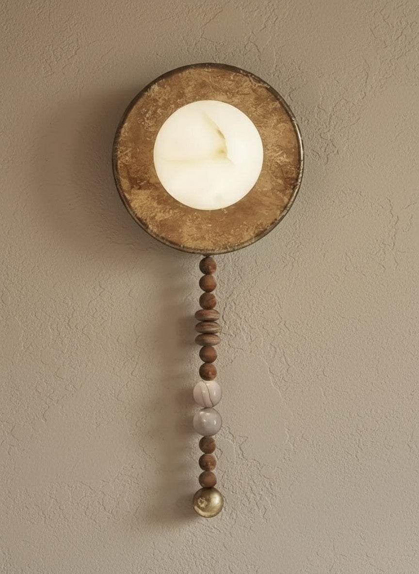 Alabaster and Wood Beaded Wall Sconce – Casalola Round Iron Backplate Light for Bedroom & Hallway