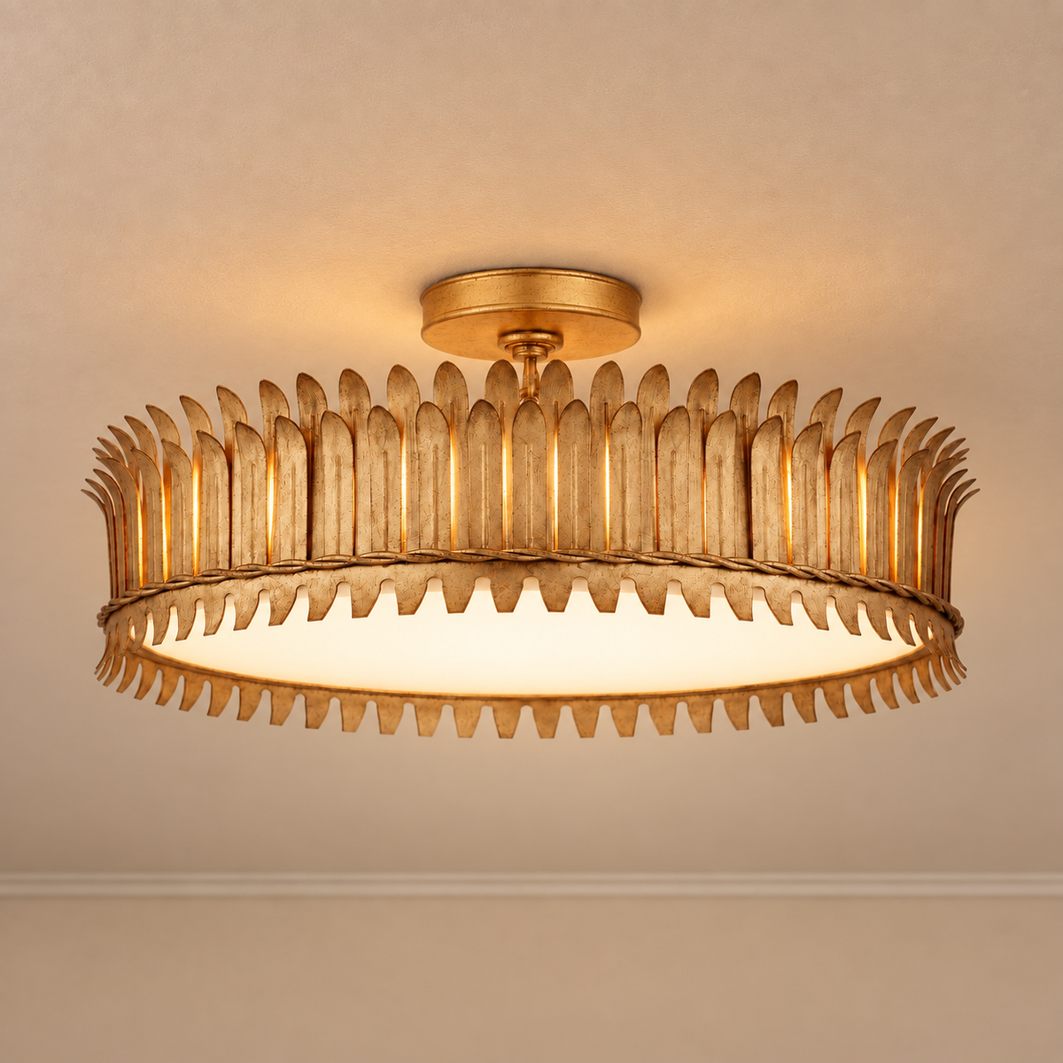 Brass Leaf Semi Flush Mount for Low Ceiling Antique Gold or Silver | Art Deco Dimmable Option Casalola Lights Luxury