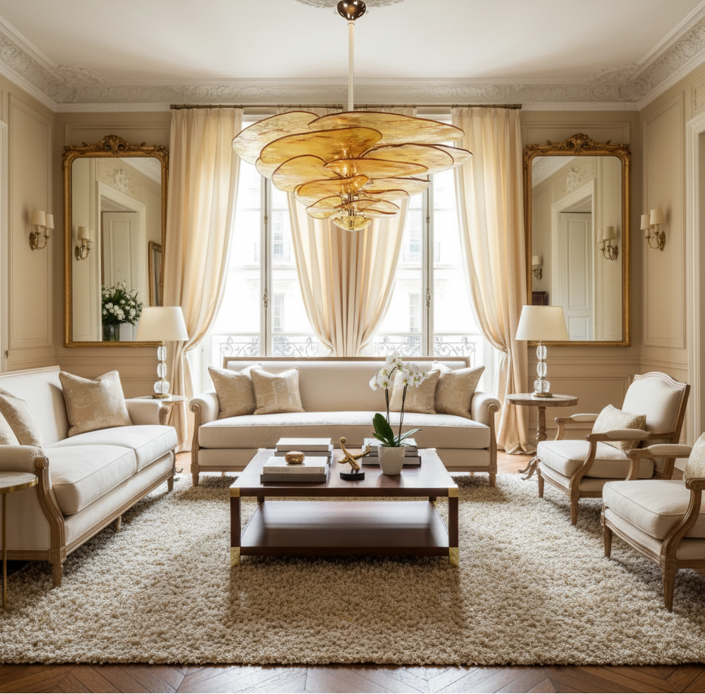 Candeeiro de Teto Lilypad em Pétalas de Vidro Murano com Ferro Dourado |  Iluminação de Teto Moderna e Luxuosa para Sala de Jantar e Sala de Estar, image size:1024x1008