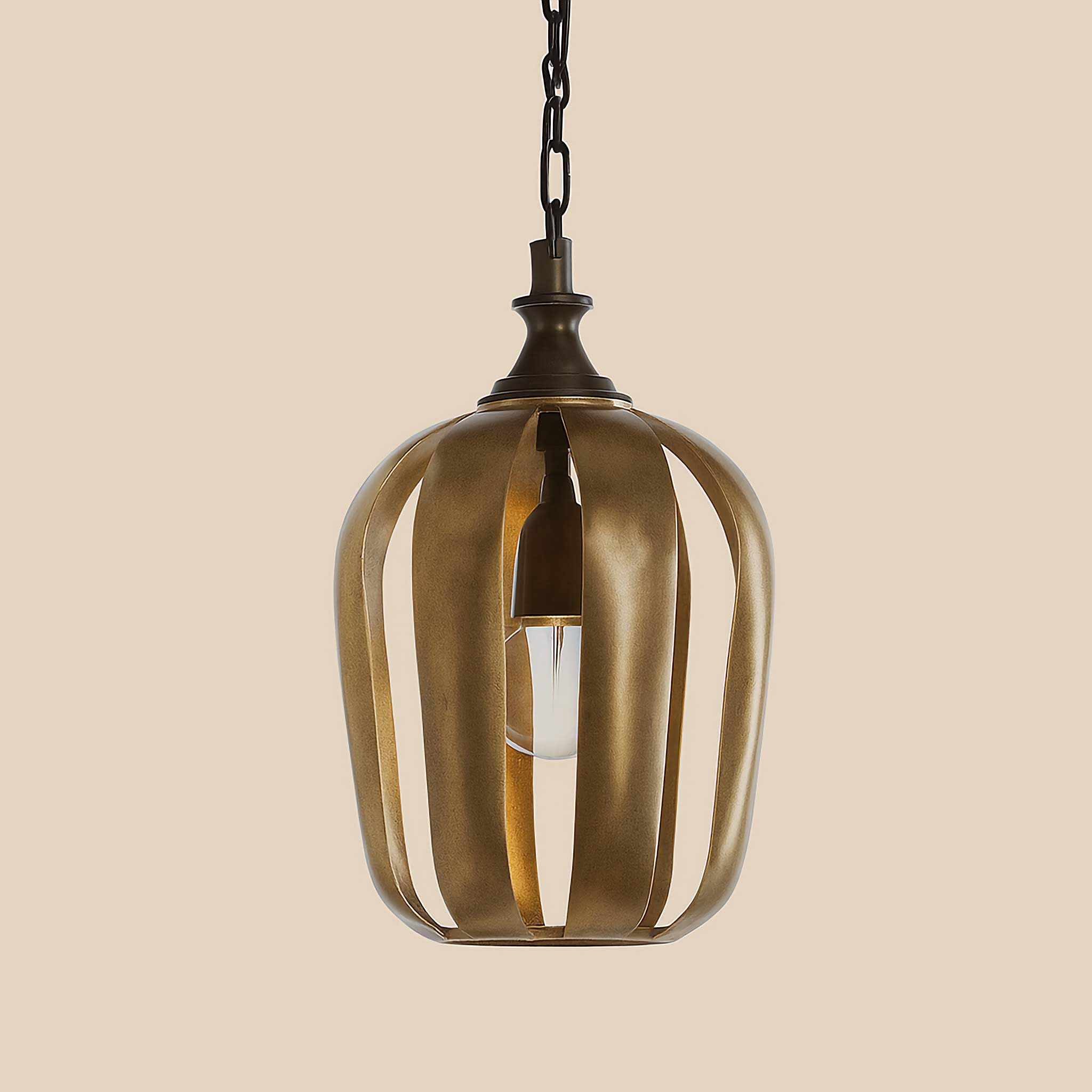 Antique Gold Cage Pendant Light in Iron – Vintage Industrial Ceiling Fixture for Dining Room or Entryway