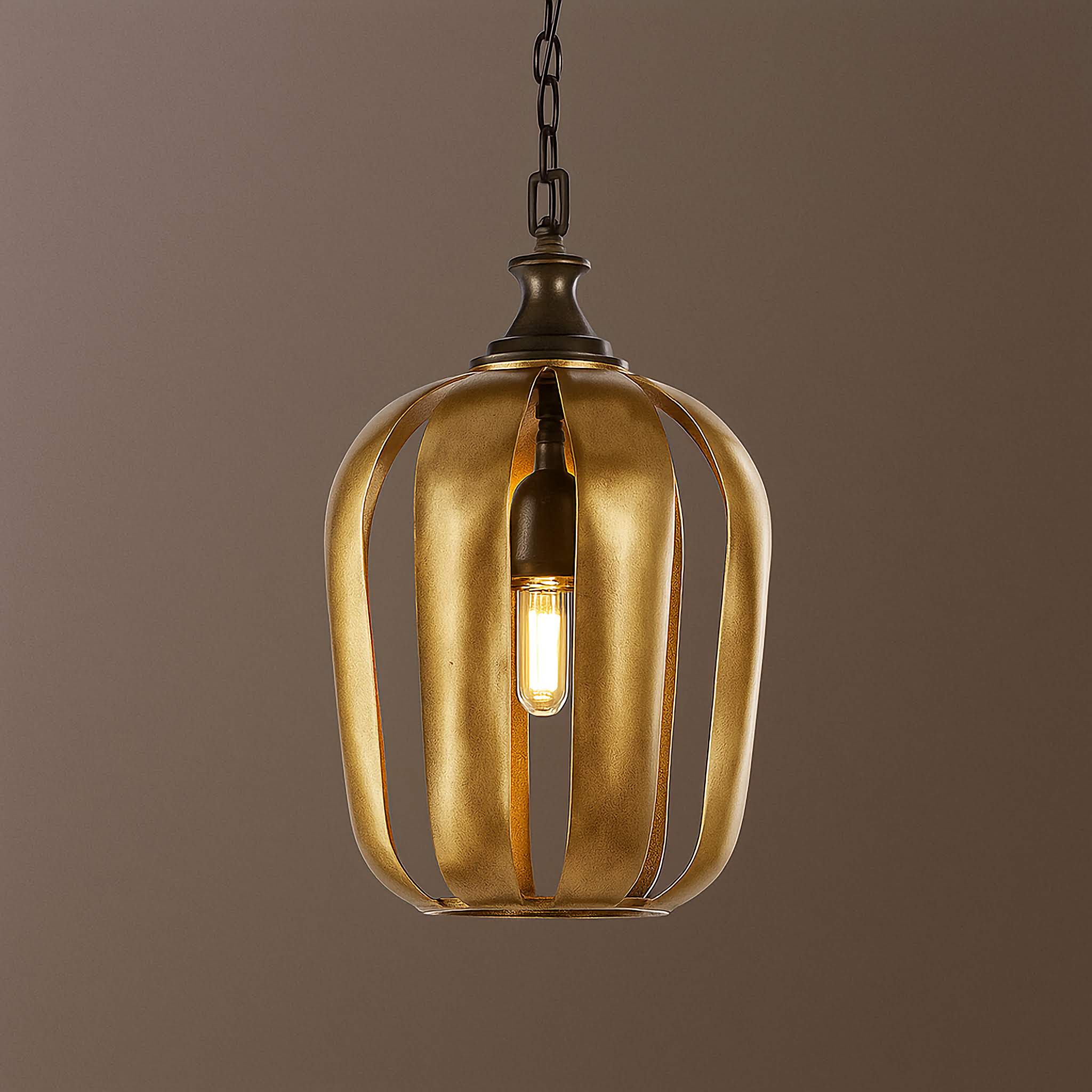 Antique Gold Cage Pendant Light in Iron – Vintage Industrial Ceiling Fixture for Dining Room or Entryway