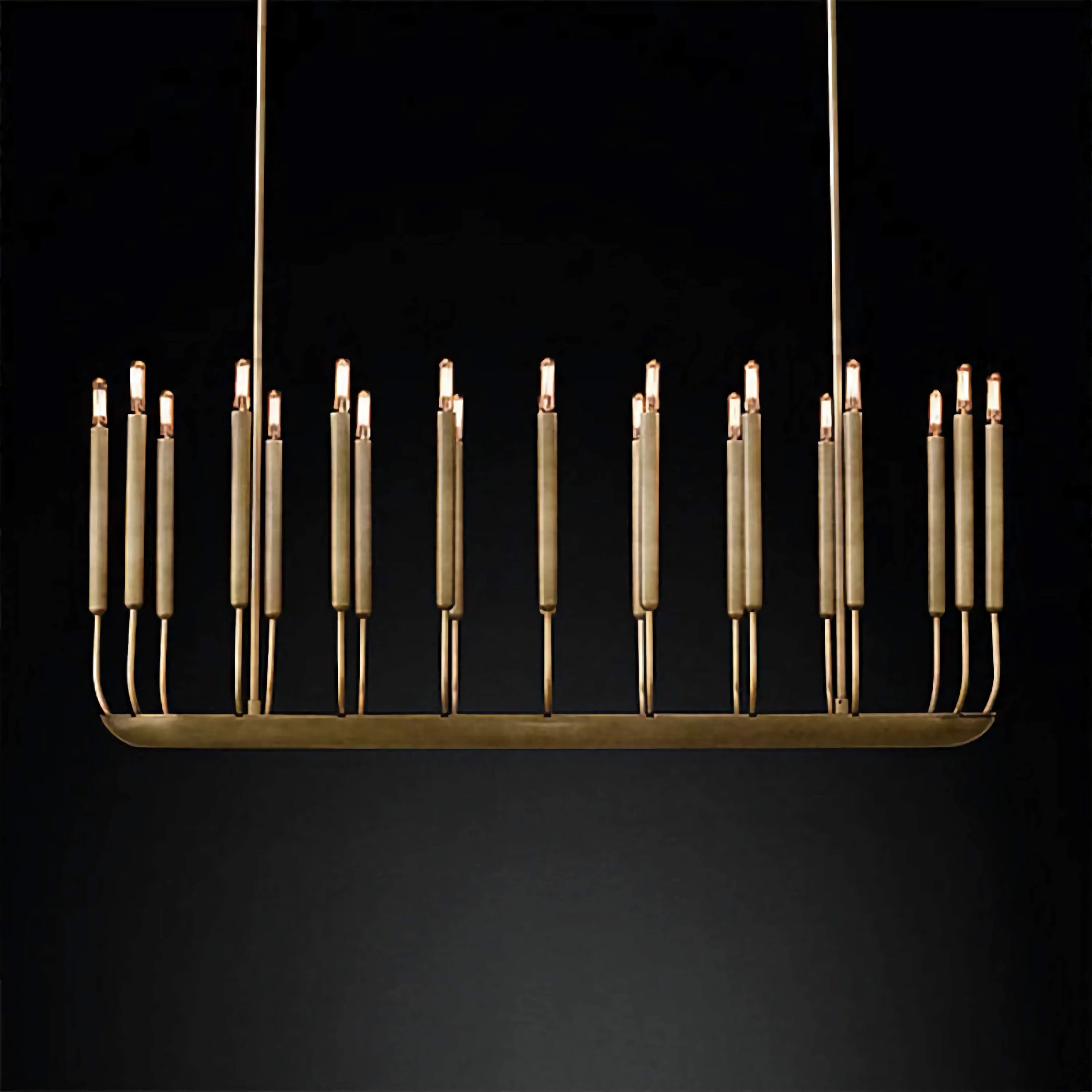 Slim Patinated Copper Candle Chandelier | 20 Light Linear Fixture for Dining & Gallery