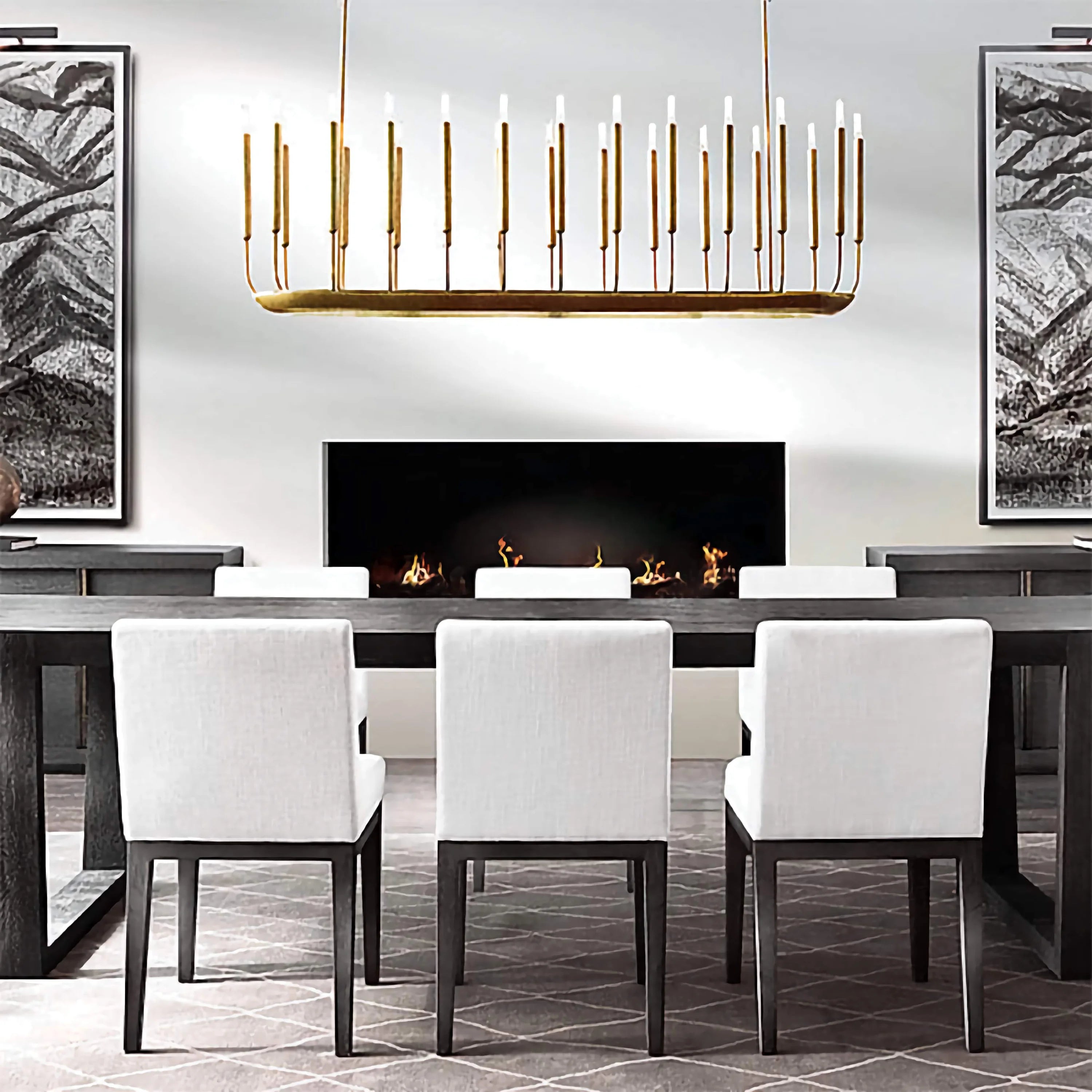 Slim Patinated Copper Candle Chandelier | 20 Light Linear Fixture for Dining & Gallery