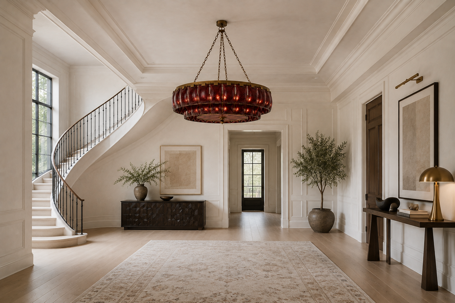 Amber glass and antique brass chandelier installed in an interior, H240 x W80 cm / H94 x W31 in