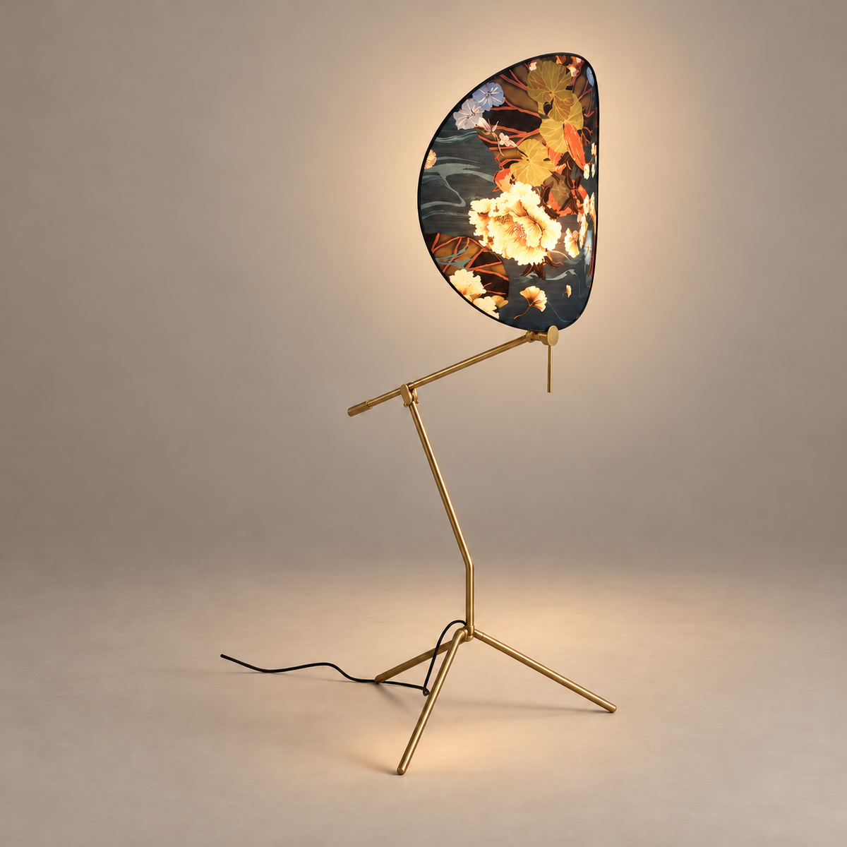Illuminated botanical glass shade on the CLXDR025 tripod floor lamp.
