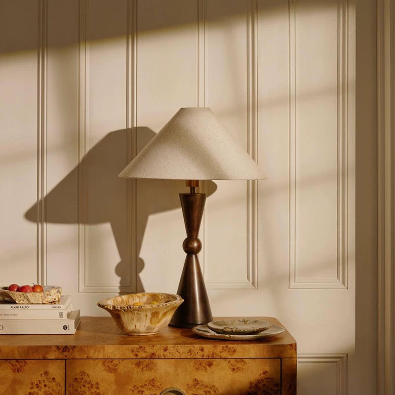 Art Deco Bronze Table Lamp Linen Shade – Modern Geometric Lighting for Bedroom Living Room