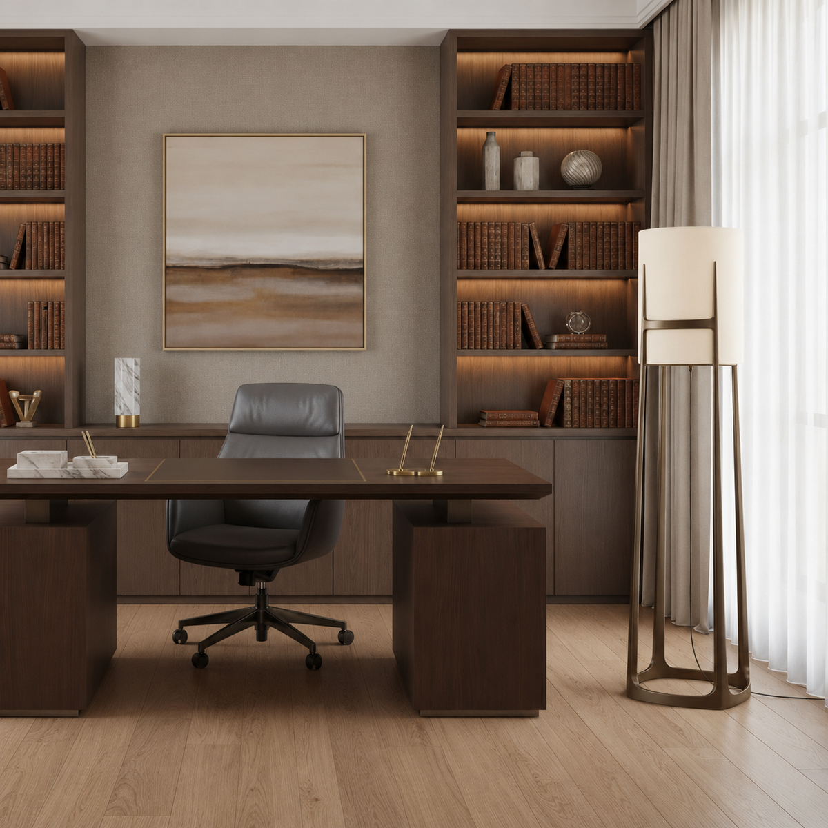 Atelier CLATL162 floor lamp beside a wooden desk and bookcase, with its open base resting on the floor.