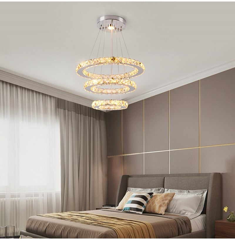 Crystal Chandelier | Luxury 3 Silver Rings For Living Room Stairs Hotel Hall Casalola - Chandeliers