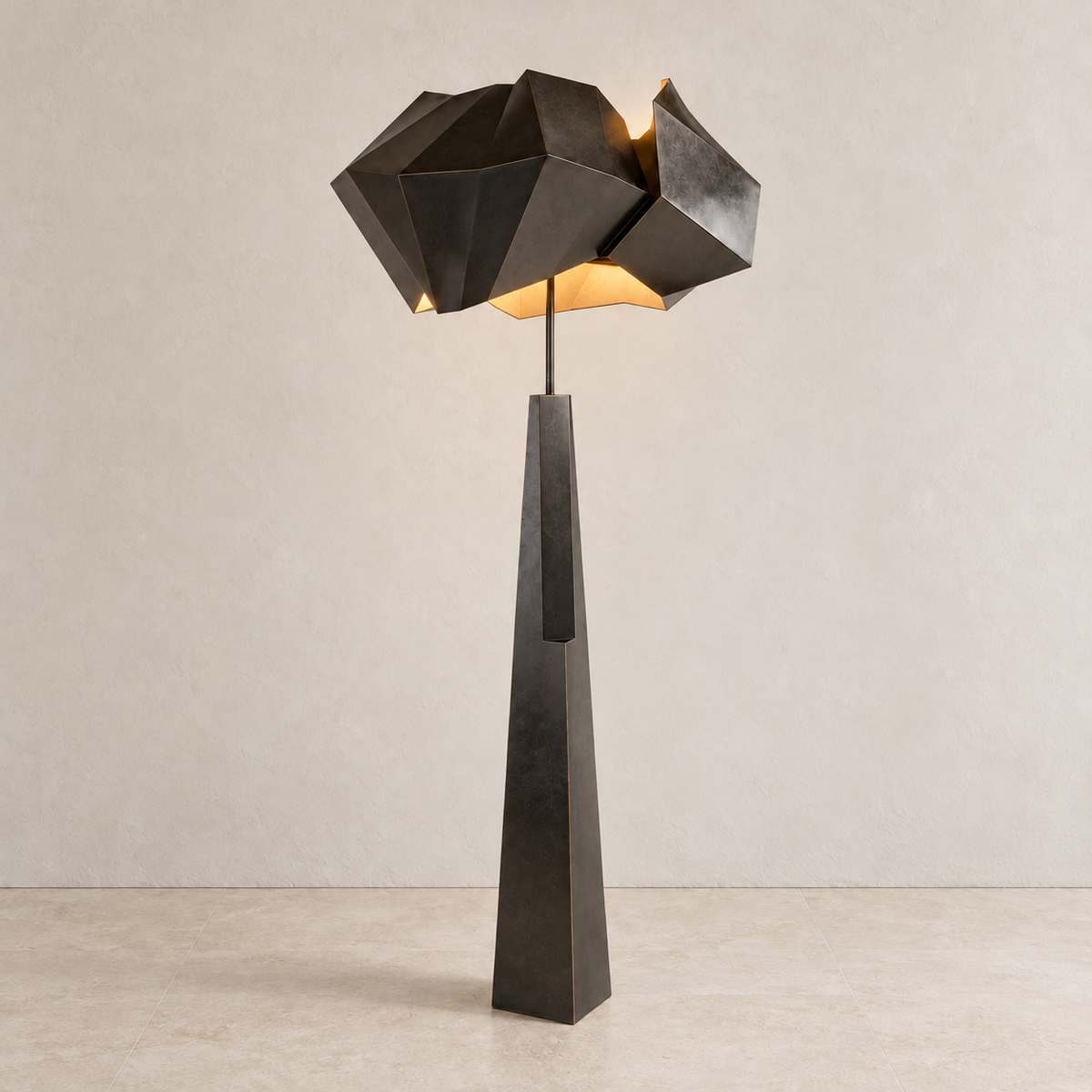 Black Aventine floor lamp illuminated, with light beneath the faceted shade.