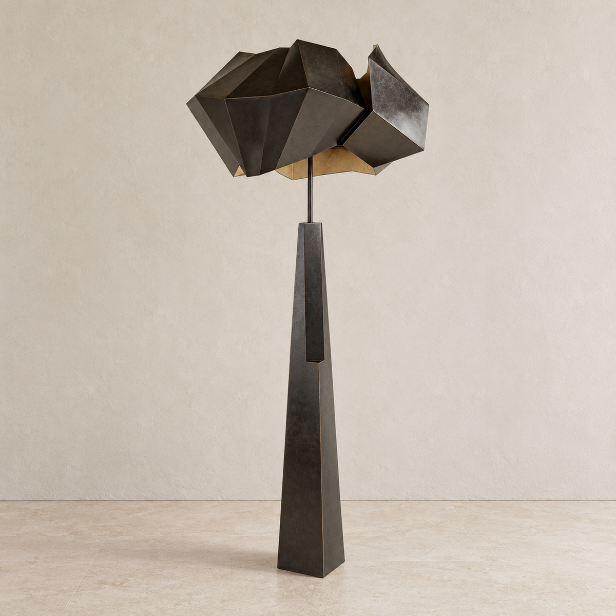 Black Aventine floor lamp with an angular shade and tapered sculptural base, switched off.
