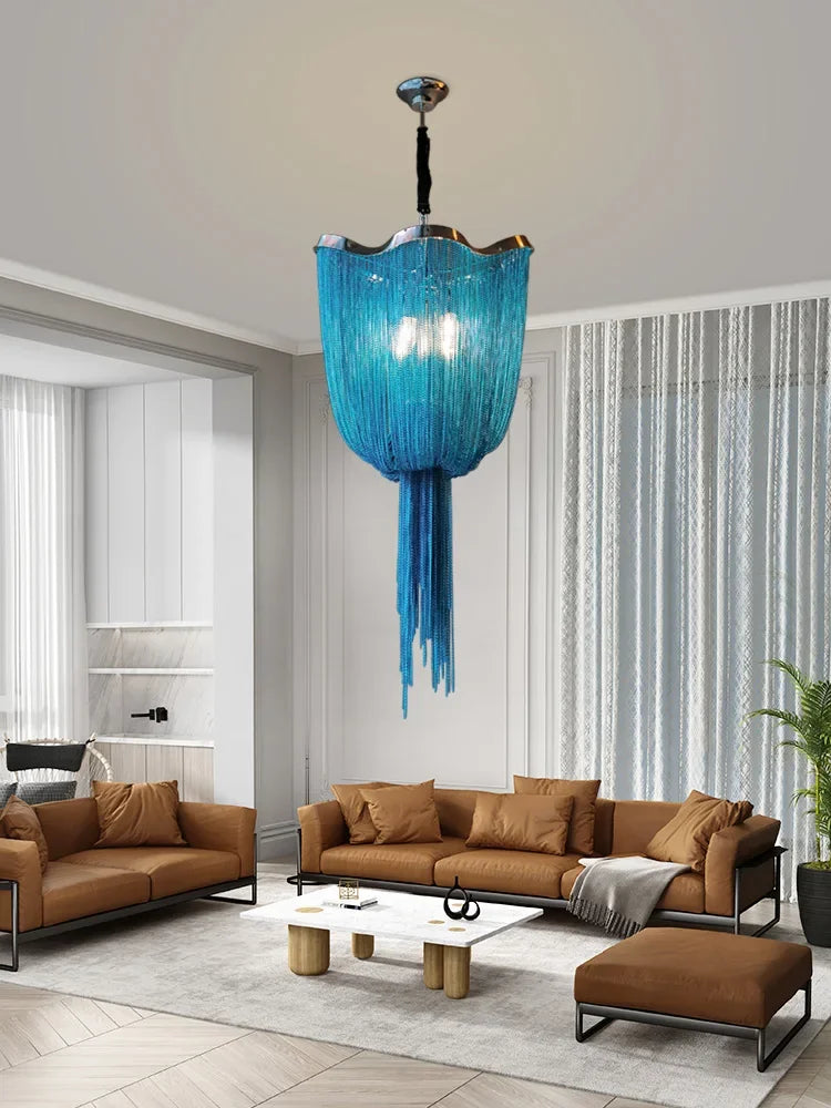 Azurro Chandelier | Blue Beaded Ceiling Lamps For Stairs Dining Room Living - Chandeliers