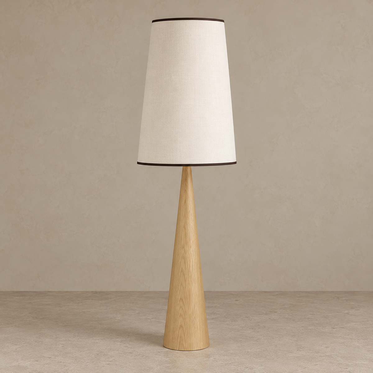 Ash CLBAK floor lamp switched off, showing the natural wood grain and dark shade binding.