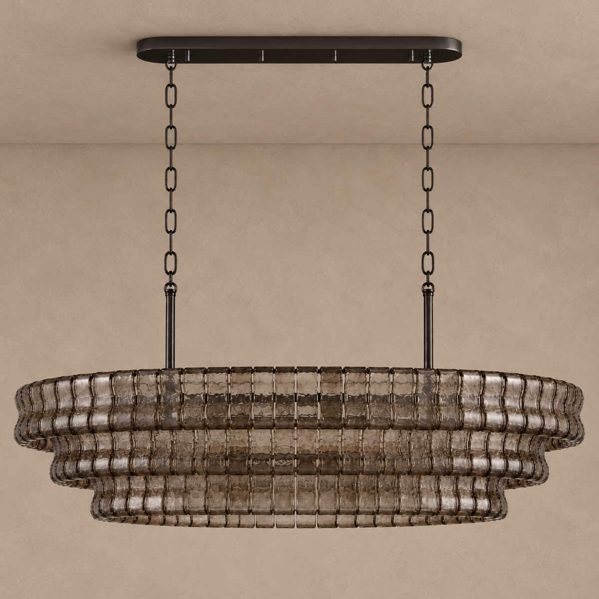 Bellatrix Long chandelier with three tiers of smoky brown curved glass and black suspension, unlit.