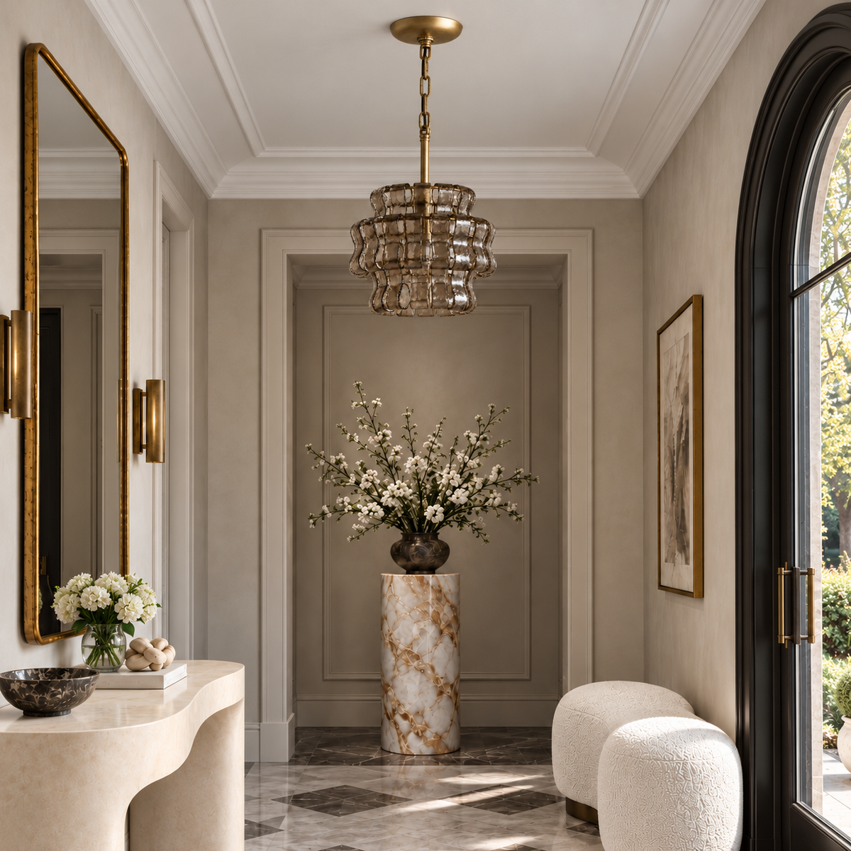 Compact Bellatrix smoky brown glass pendant in a daylight entryway with a gilt mirror and marble console.