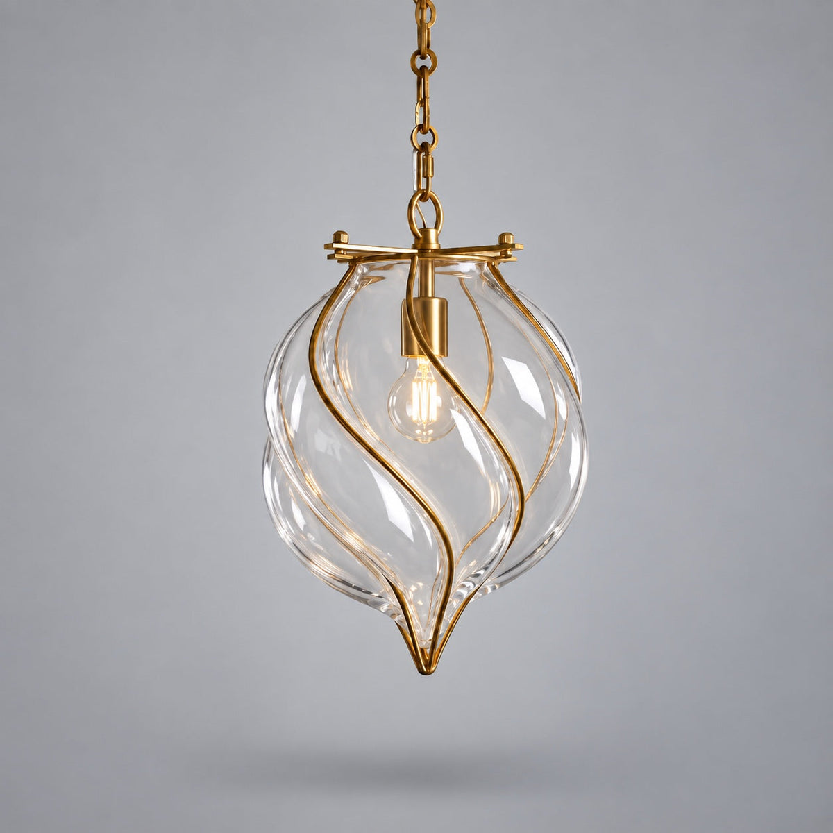 Small clear twisted glass lantern pendant with brass spirals, Belluno CLND038-C