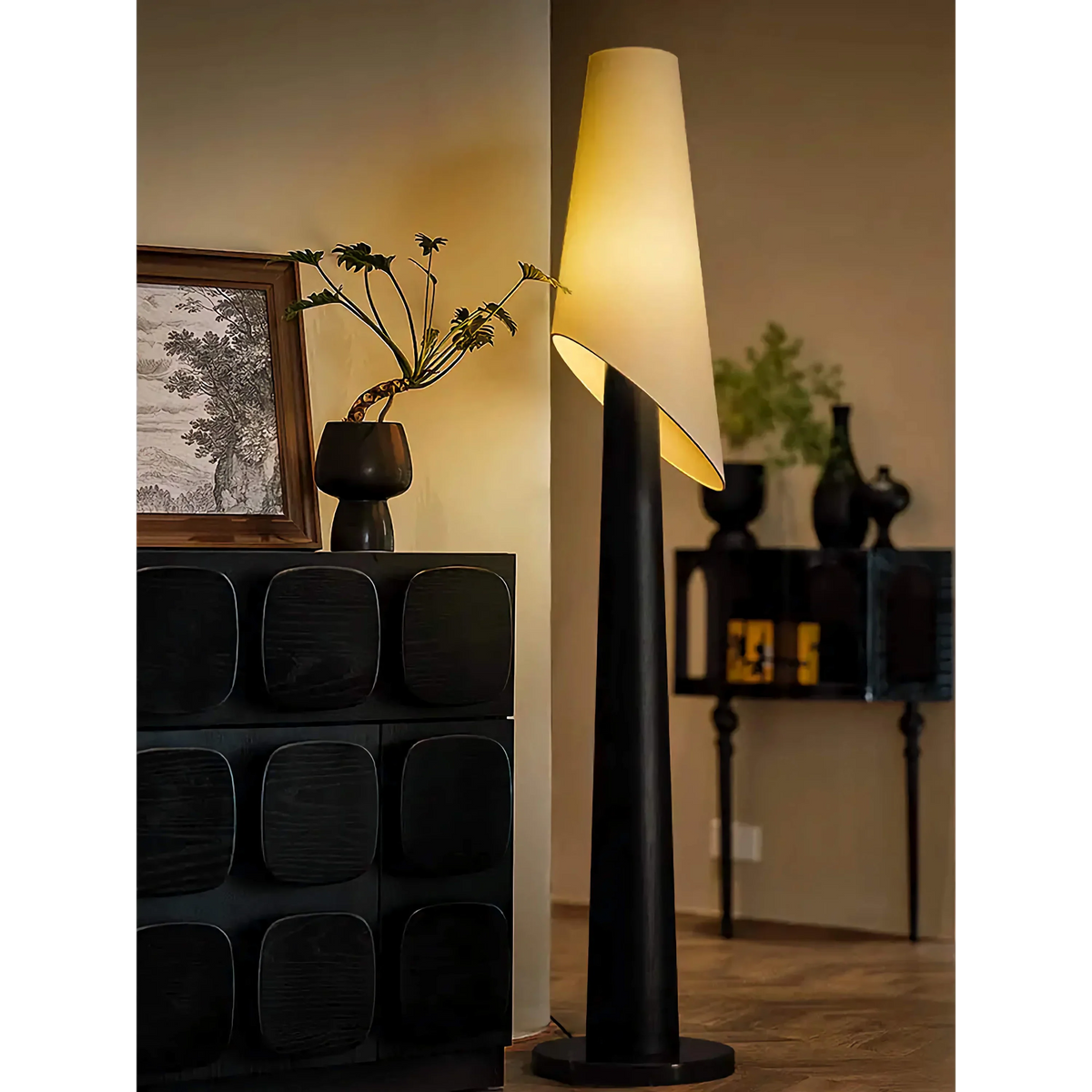 Black Ash Floor Lamp | Ebonised Wood & Tilting Linen 175cm Minimalist Living Room Casalolalights Luxury Lamps