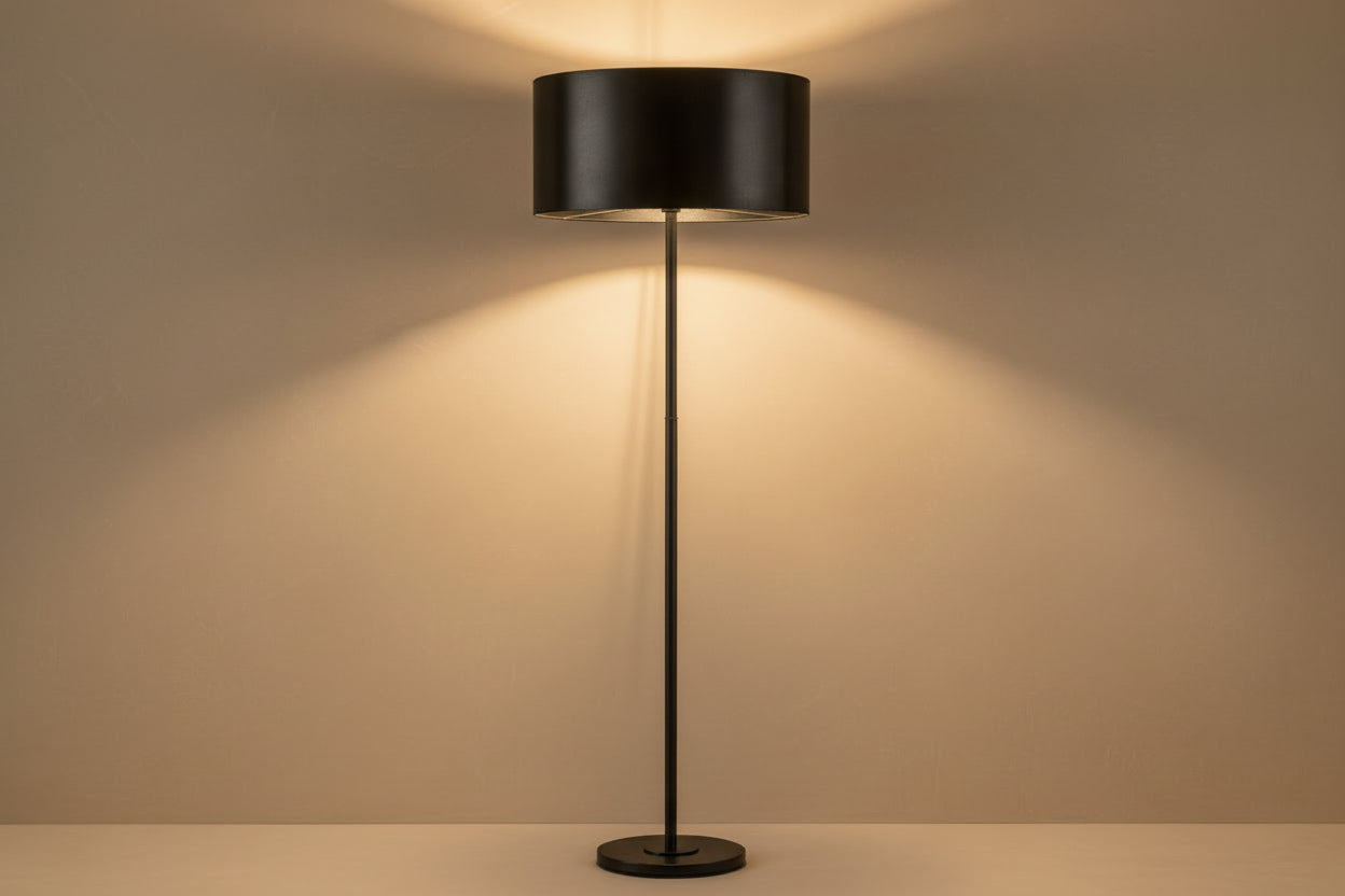 Black Brushed Brass Drum Floor Lamp | Belgian Studio Dimmable Lighting