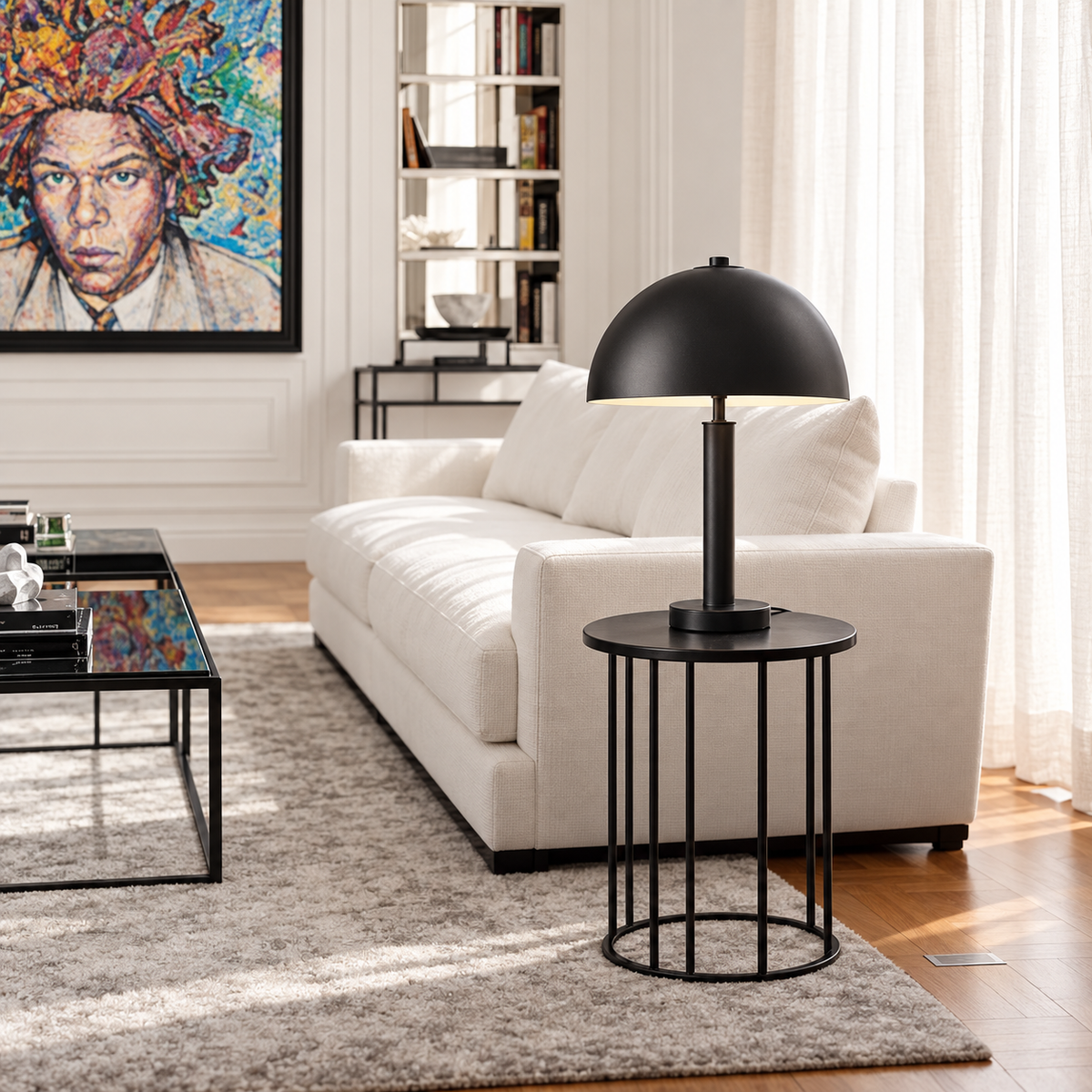 Black dome table lamp on a side table beside a white sofa in a Parisian living room.