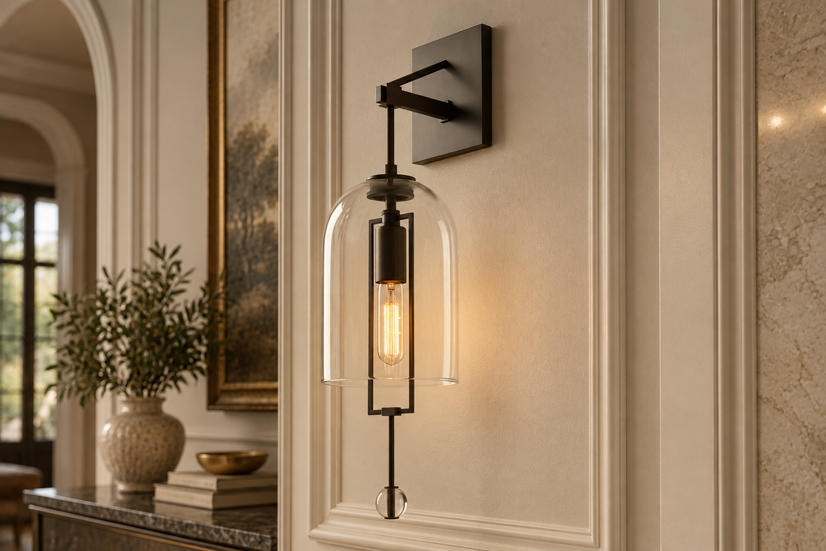 Black Glass & Copper Bell Wall Sconce 59cm | Tall Bell-jar Modern Industrial Hallway Bedroom Casalolalights Luxury
