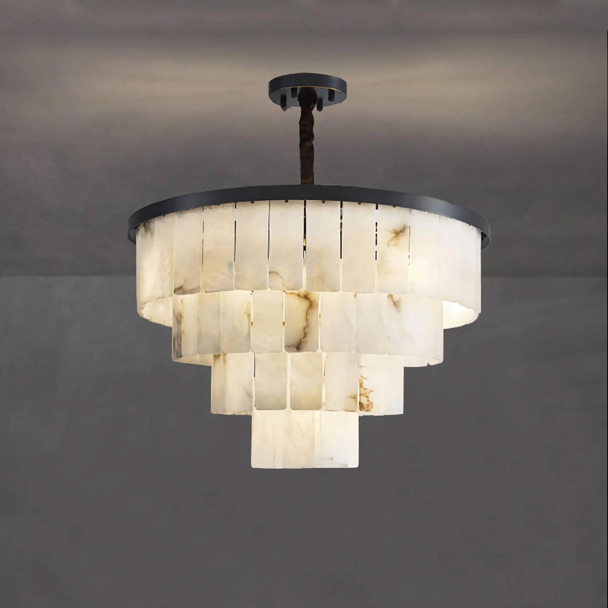 Black Stainless Steel Tiered Alabaster Chandelier | 45cm to 110cm Concentric Stone Panels Art Deco Casalolalights