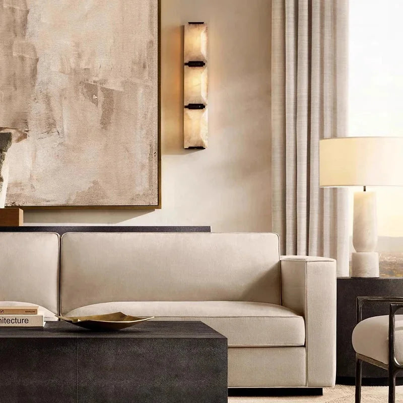 Black Triple Calcite & Copper Wall Sconce | Stacked Stone-column Modern Industrial Staircase Casalolalights Luxury