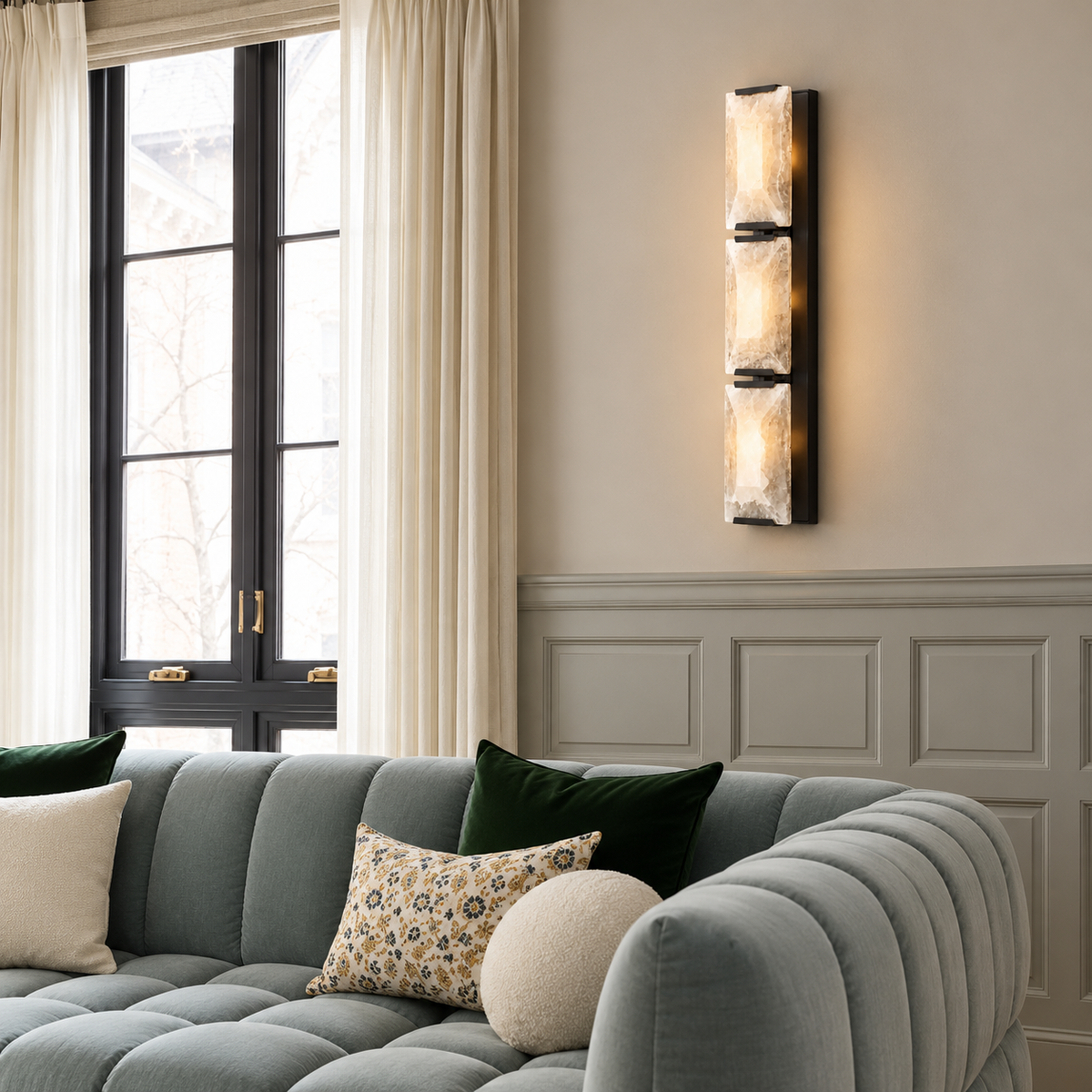 Triple calcite wall sconce with black hardware installed above a blue-grey living-room sofa.