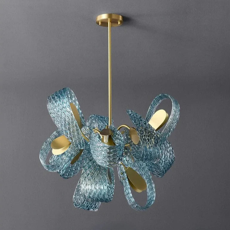 Blue Glass Chandelier 85cm | Hand-formed Ribbon Statement Light Brushed Gold Foyer Dining & Stairwell Casalolalights