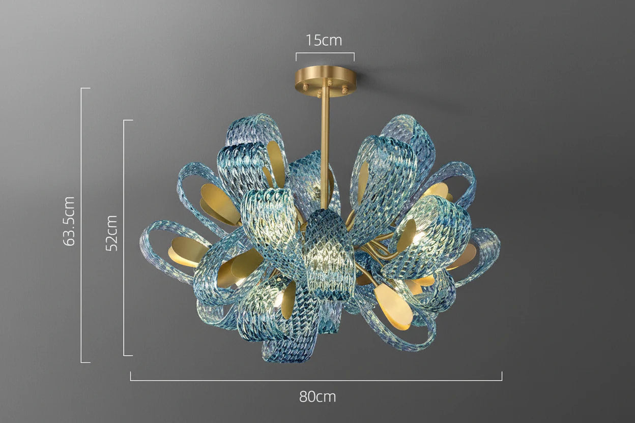 Blue Glass Chandelier 85cm | Hand-formed Ribbon Statement Light Brushed Gold Foyer Dining & Stairwell Casalolalights
