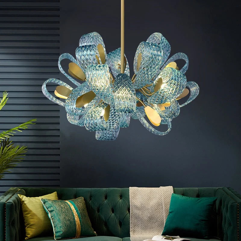 Blue Glass Chandelier 85cm | Hand-formed Ribbon Statement Light Brushed Gold Foyer Dining & Stairwell Casalolalights