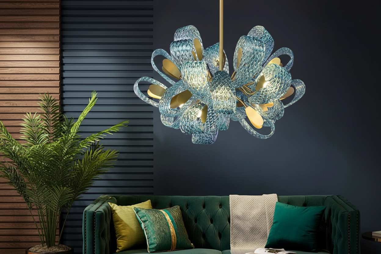 Blue Glass Chandelier 85cm | Hand-formed Ribbon Statement Light Brushed Gold Foyer Dining & Stairwell Casalolalights