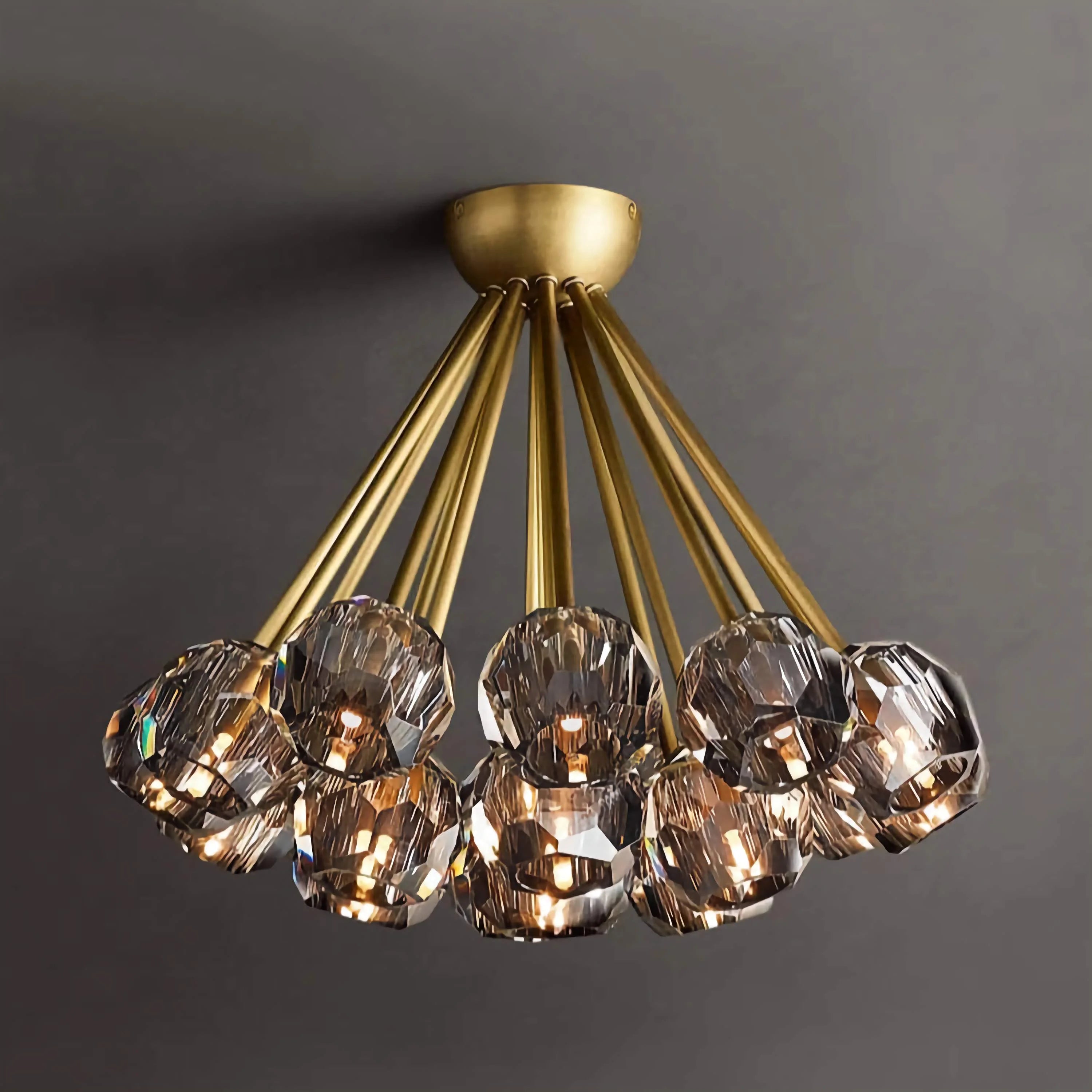Crystal Globe Semi Flush Chandelier | Patinated Brass Modern Ceiling Light for Dining Room Statement Fixture