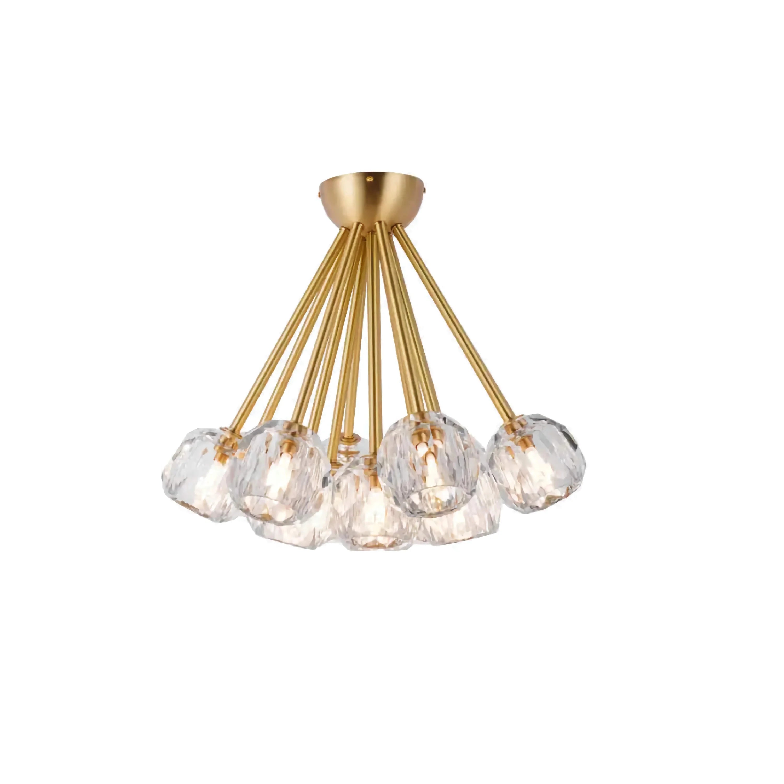 Crystal Globe Semi Flush Chandelier | Patinated Brass Modern Ceiling Light for Dining Room Statement Fixture