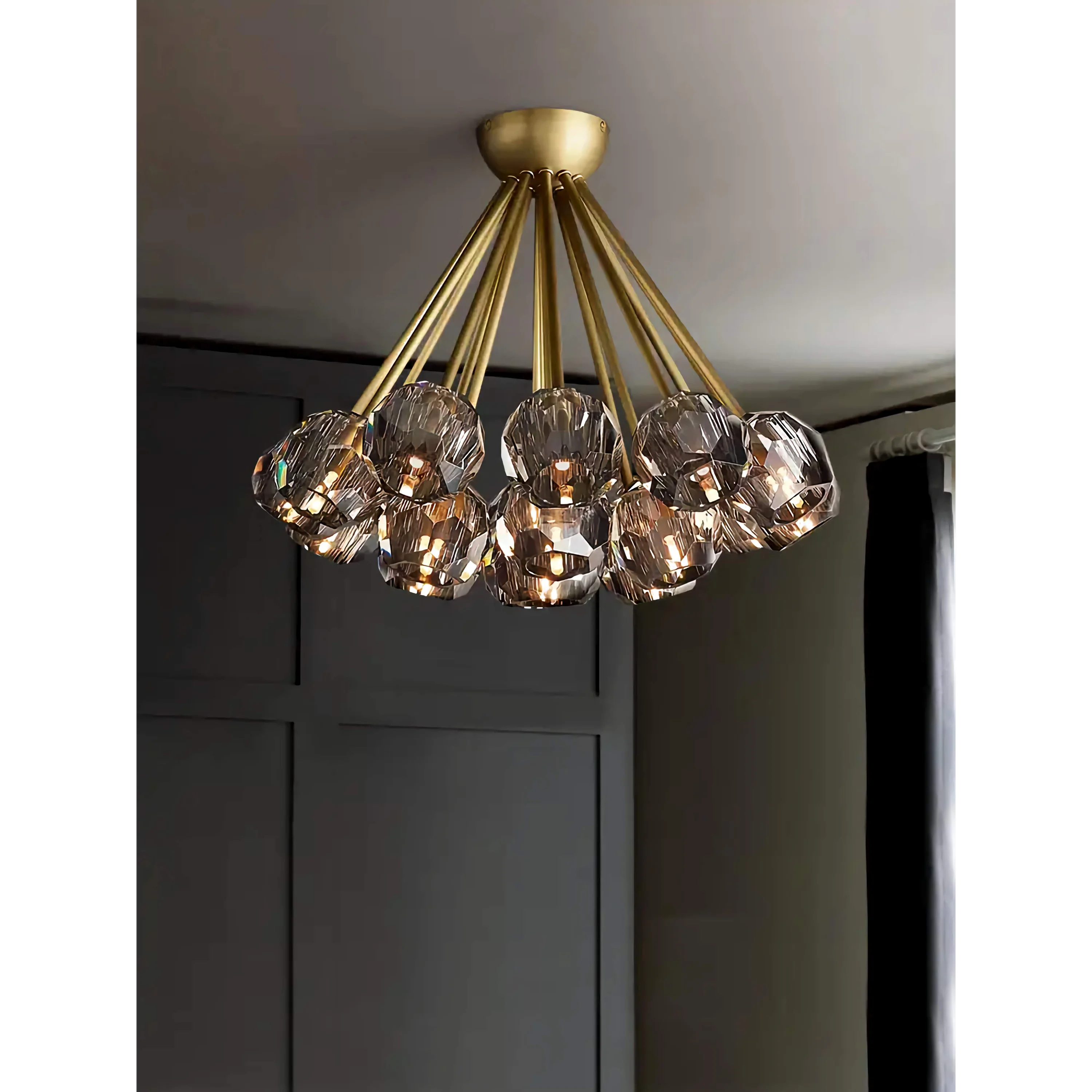 Crystal Globe Semi Flush Chandelier | Patinated Brass Modern Ceiling Light for Dining Room Statement Fixture