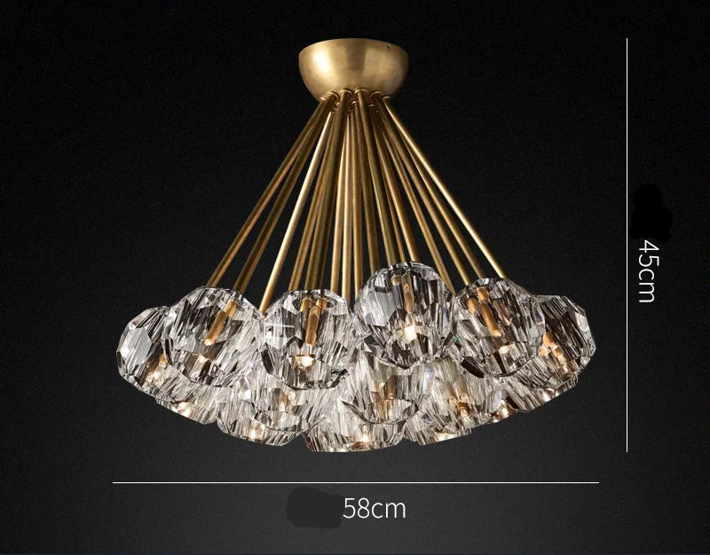 Crystal Globe Semi Flush Chandelier | Patinated Brass Modern Ceiling Light for Dining Room Statement Fixture