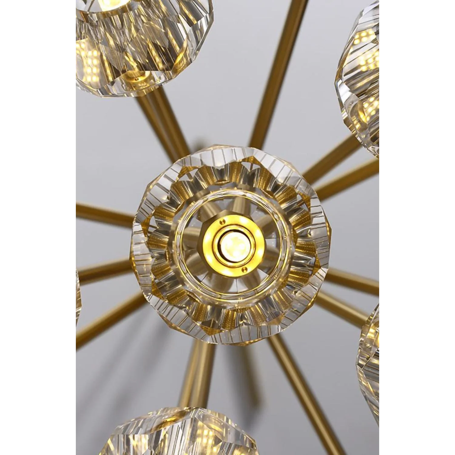 Crystal Globe Semi Flush Chandelier | Patinated Brass Modern Ceiling Light for Dining Room Statement Fixture