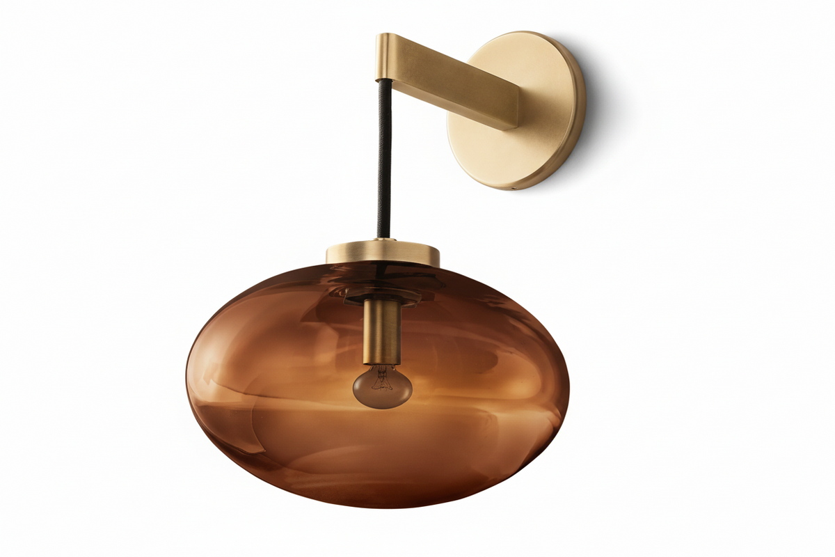 Brass or Black Steel Wall Sconce | Amber Glass Shade Contemporary Mid-century Living & Bedroom Casalolalights Luxury
