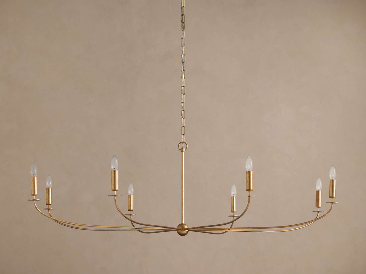 Brass candelabra chandelier, low front view showing the wide spread of the candle arms