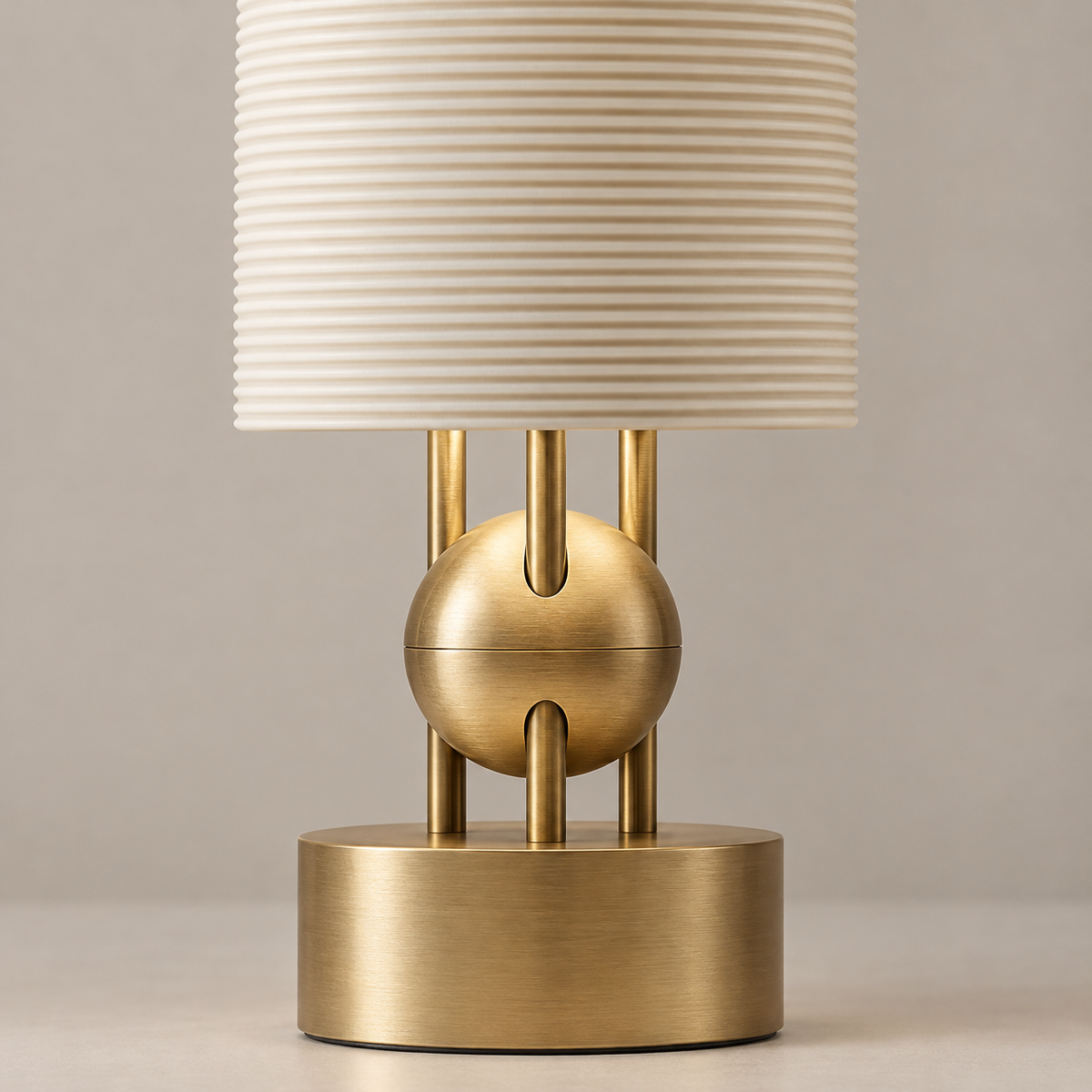 Close-up of ceramic ribs, brass rods and the spherical brass detail.
