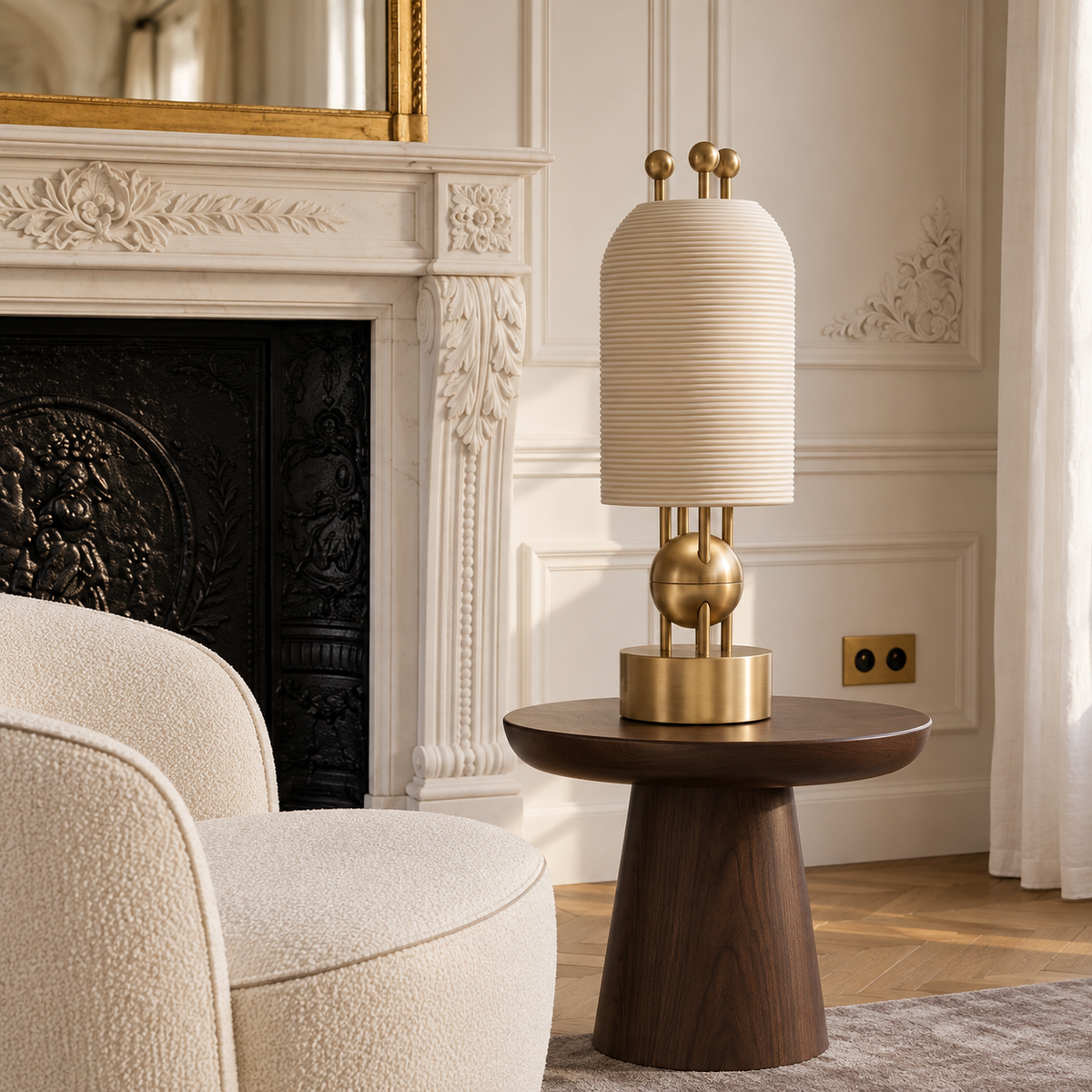 Brass and ceramic table lamp beside a Parisian fireplace.