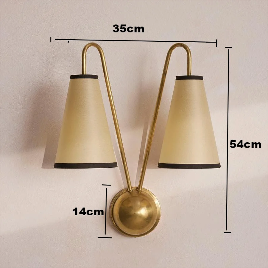 Brass Twin Arm Wall Sconce | Modern Cone Shade for Bedroom or Hallway