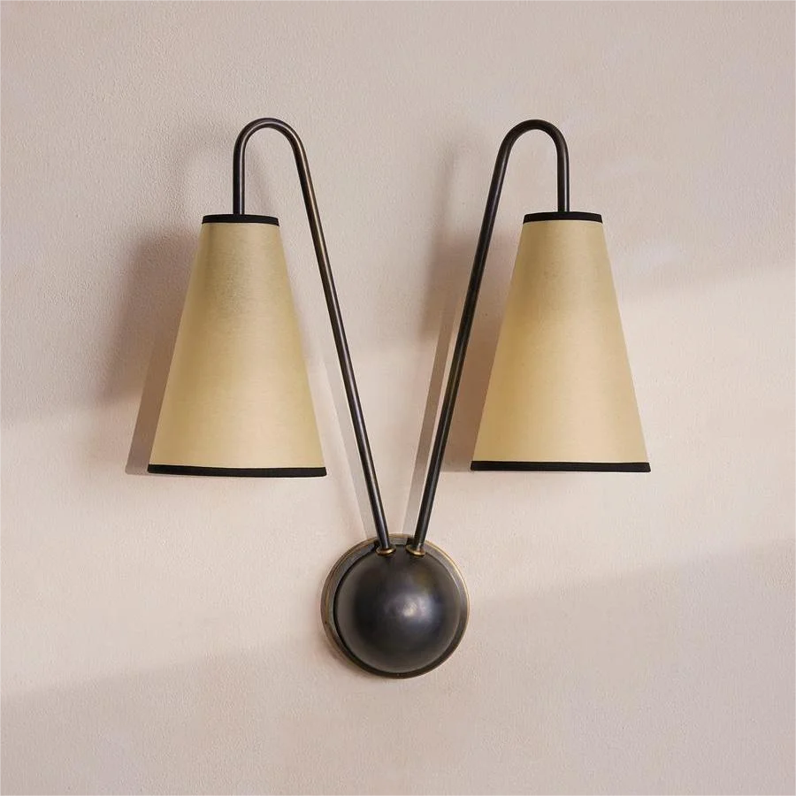 Brass Twin Arm Wall Sconce | Modern Cone Shade for Bedroom or Hallway