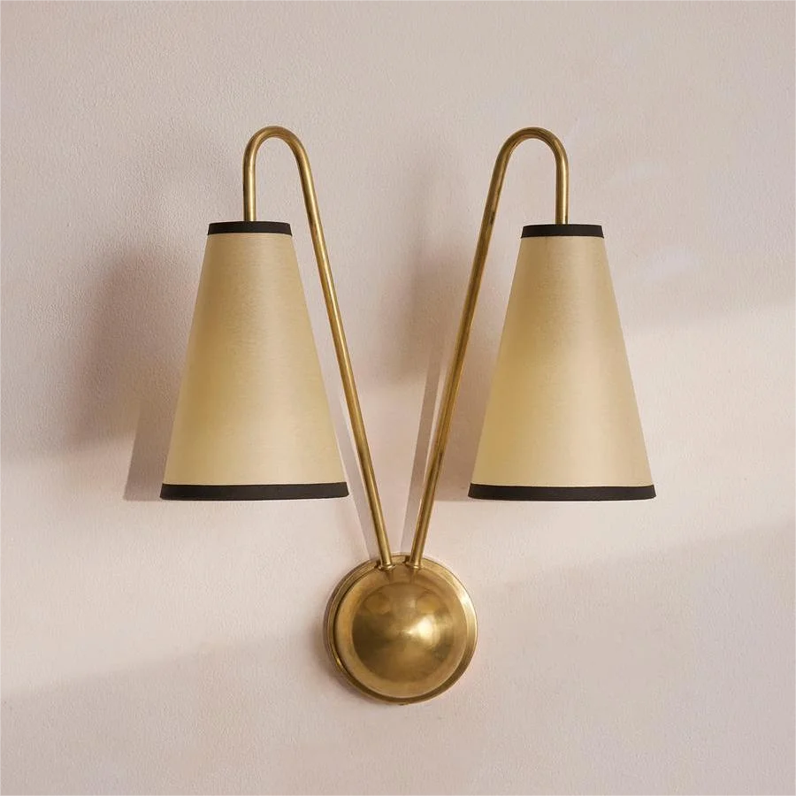 Brass Twin Arm Wall Sconce | Modern Cone Shade for Bedroom or Hallway