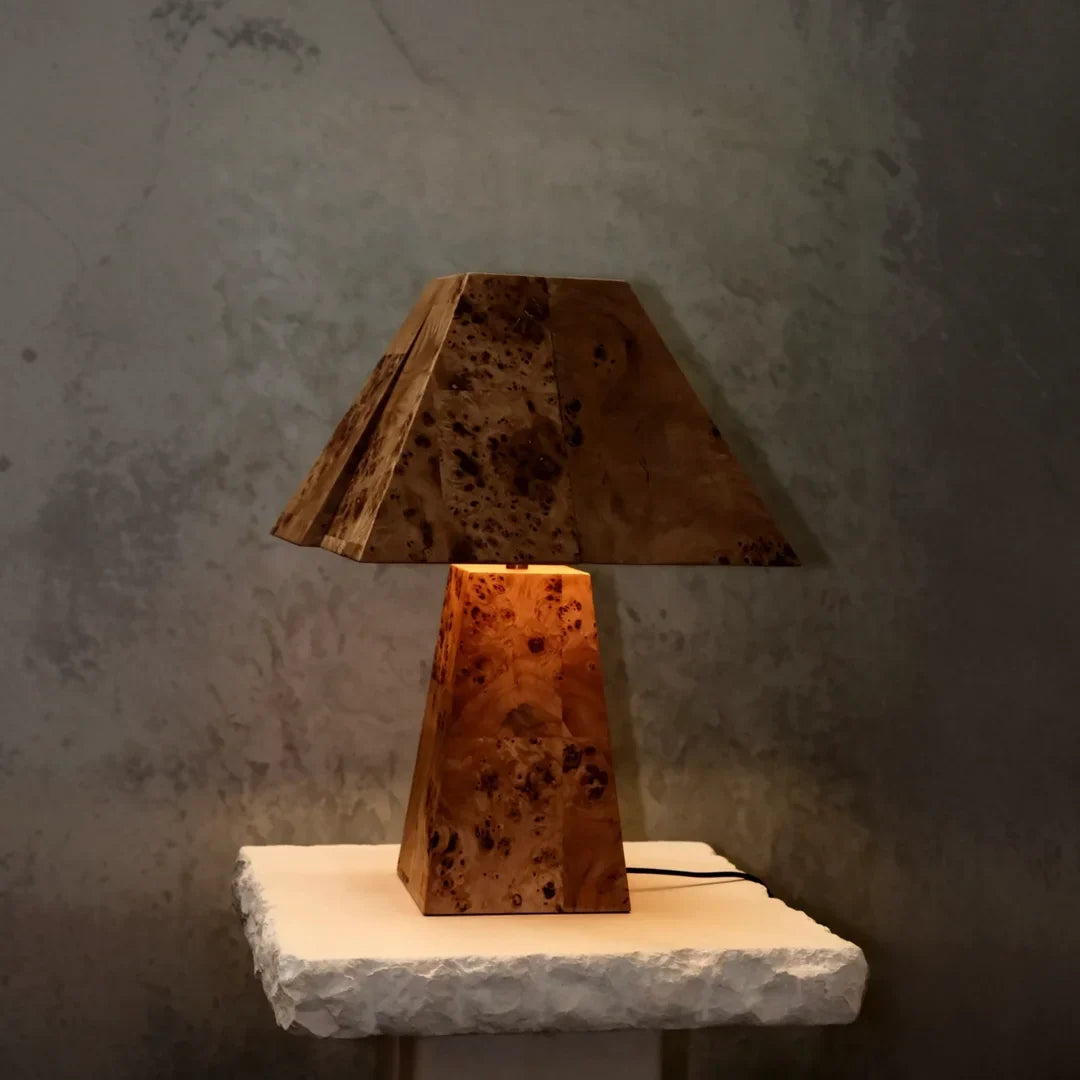 Burl Wood Table Lamp for Bedroom and Living Room | Faceted Base Angular Shade Rustic Dimmable Option Casalola Lights