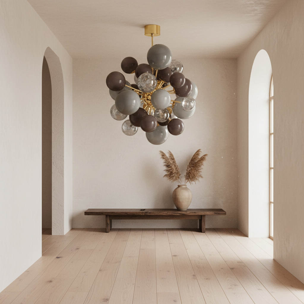 Grey Glass Globe Chandelier 80cm | Hand-blown Sphere & Gold Iron Modern Art Deco Bedroom Casalolalights Luxury Lamps
